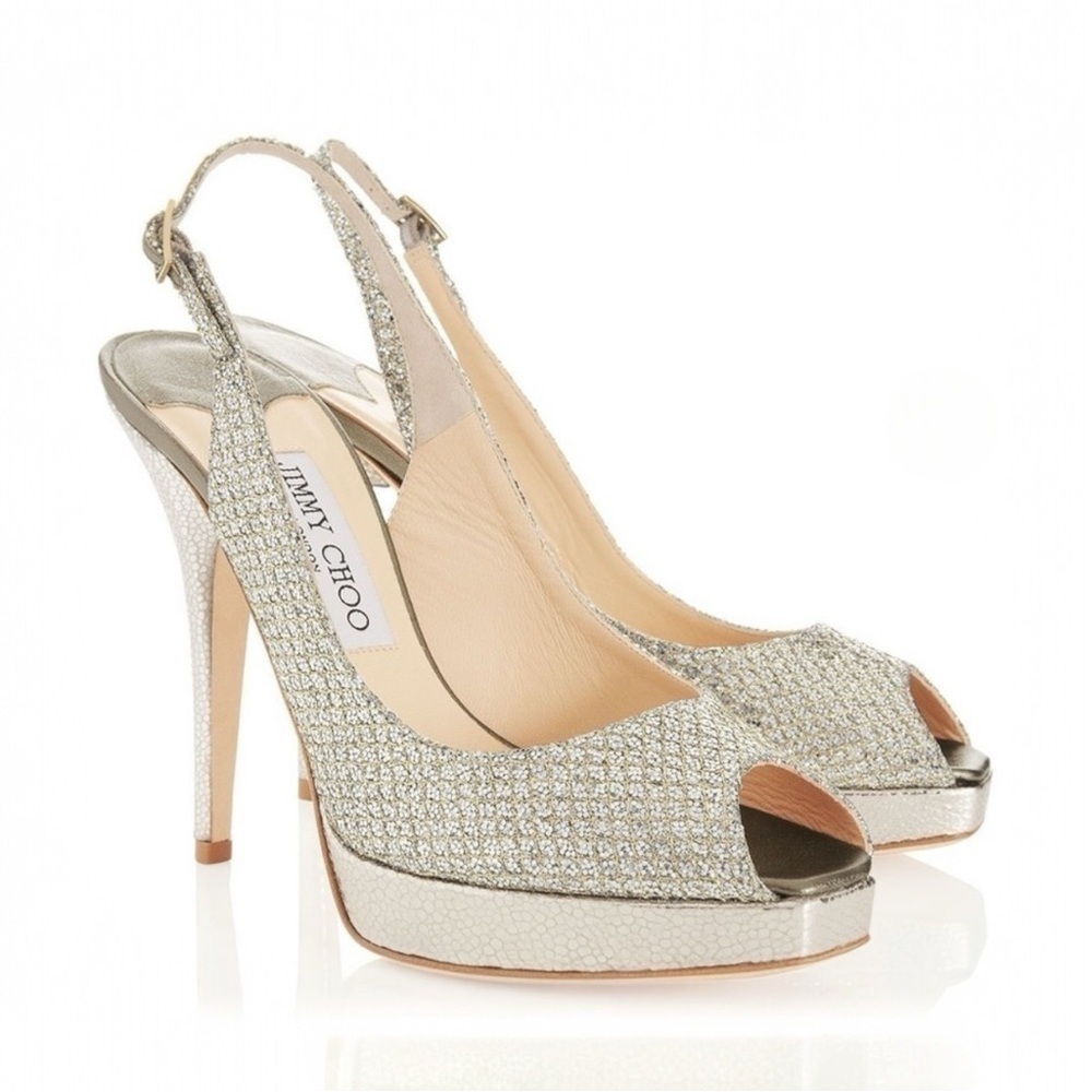 JIMMY CHOO CLUE GLITTER SLINGBACK PLATFORM PEEP TOE HIGH HEEL PUMPS SANDAL 37 - Picture 4 of 16